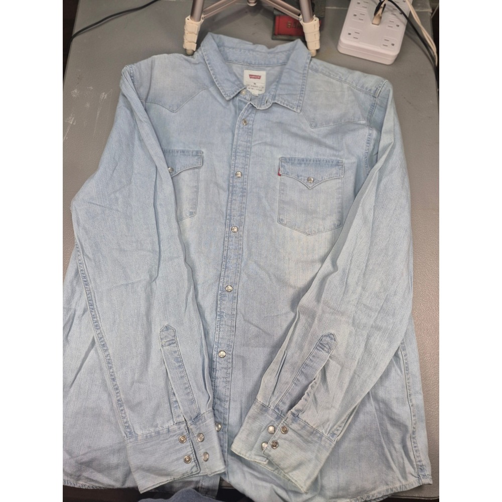 Levis Mens XXL Light Wash Denim‎ Western Pearl Snap Long Sleeve Shirt 3LYLW2262
